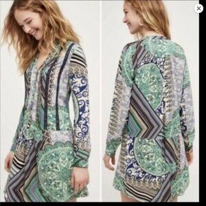 ANTHROPOLOGIE/TINY green, blue and white “Caviana” Boho shirt dress